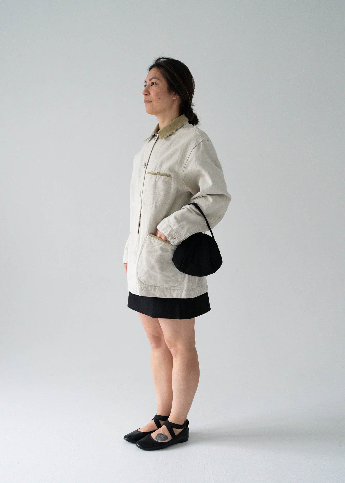 Lightweight flax linen and light moss green suede button up work jacket - Mavis