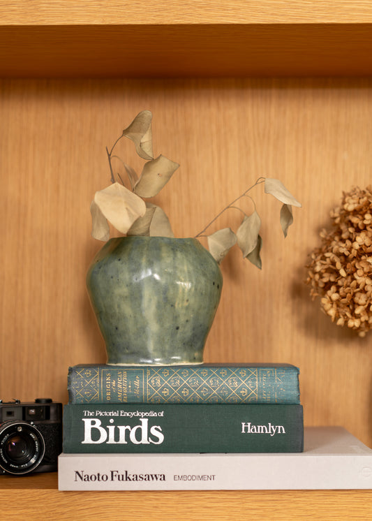 Stack of vintage books with a vase and camera on a wooden shelf