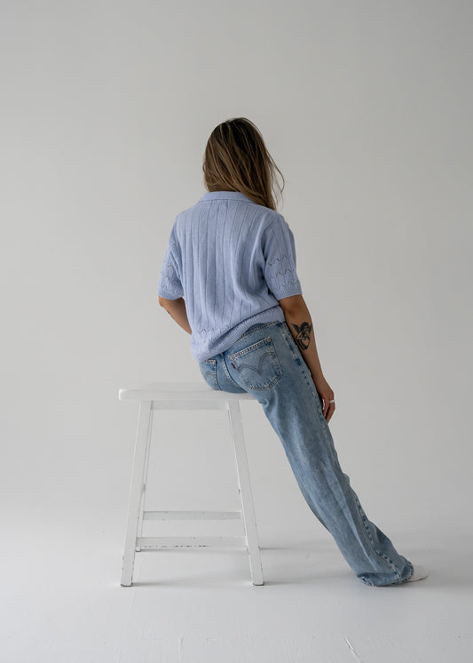 Pale lavender vertical knit collared button up short sleeve cropped sweater - Joan