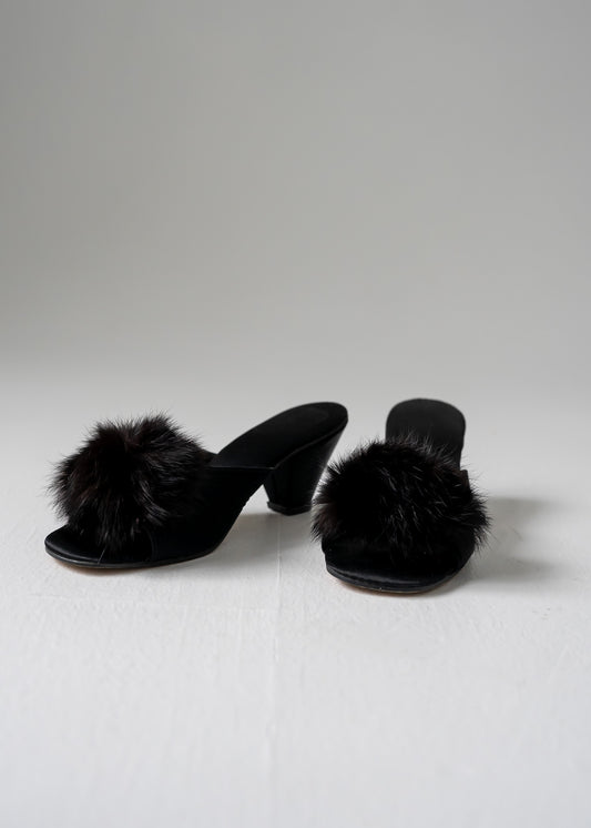 Black fur pom pom kitten heels - Liliana