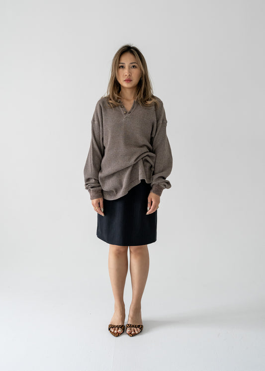 Brown collared 1/4 button up pullover long sleeve waffle knit shirt - Nico