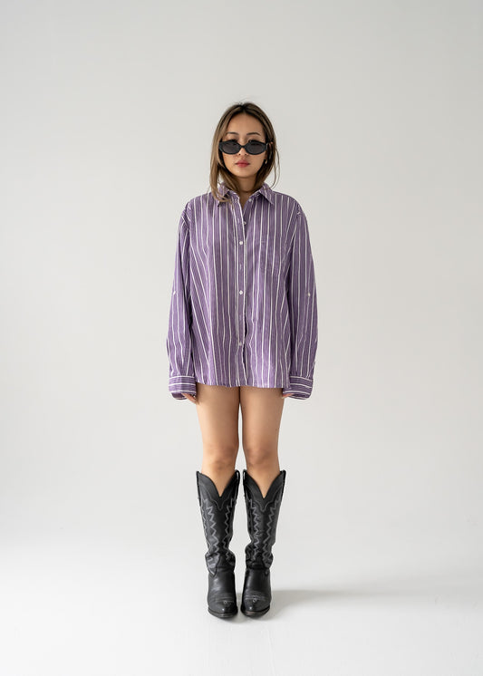 Purple and white vertical stripe long sleeve button up shirt - Kristi