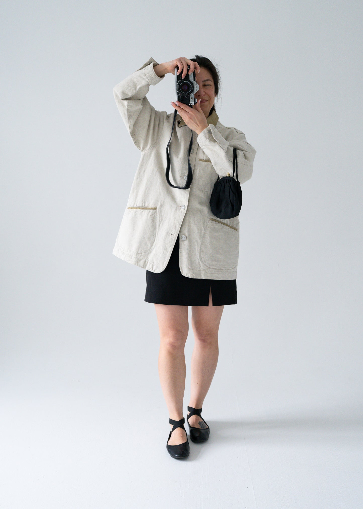 Lightweight flax linen and light moss green suede button up work jacket - Mavis