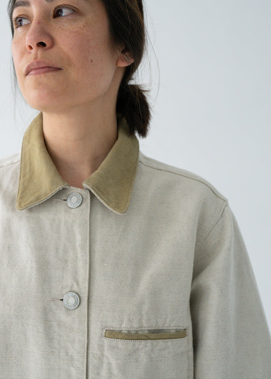 Lightweight flax linen and light moss green suede button up work jacket - Mavis