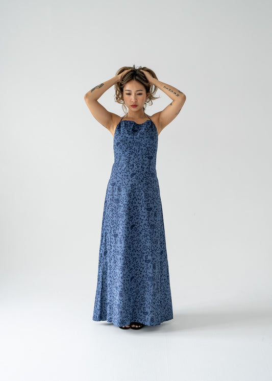 Slate blue floral lightweight cotton drawstring halter maxi sundress - Piper