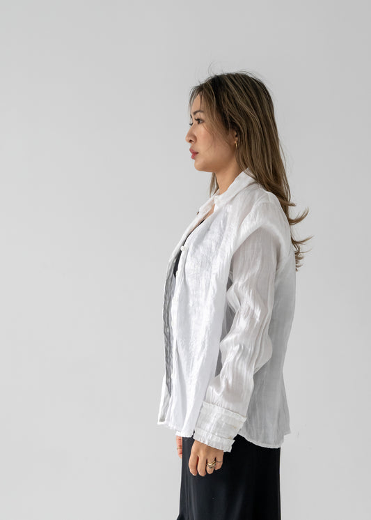 White high sheen crinkle long sleeve with a mini ruffle wrist button up blouse - Natalia