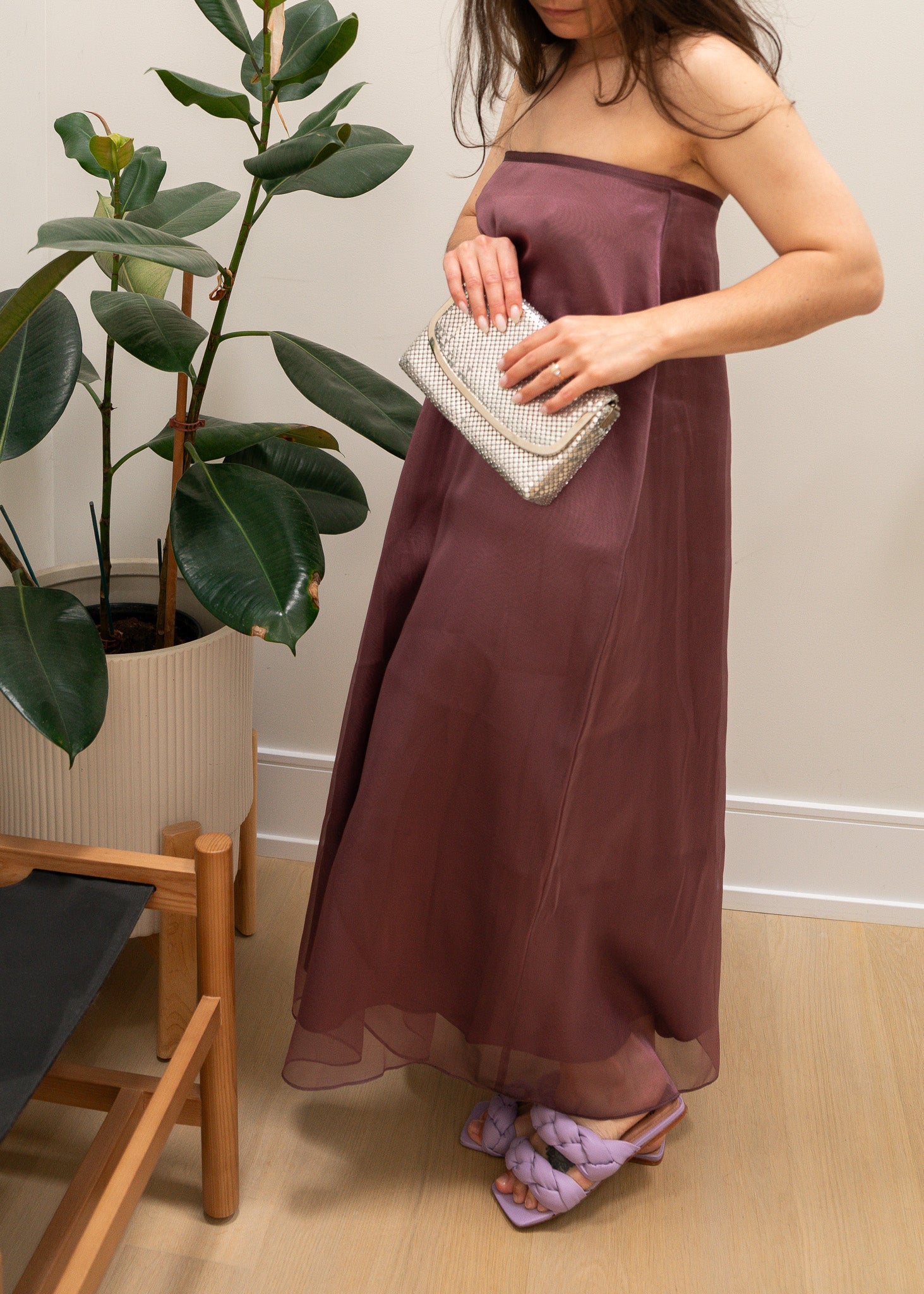 Woman in a long mauve dress holding a silver metal clutch, standing indoors with a plant in the background.