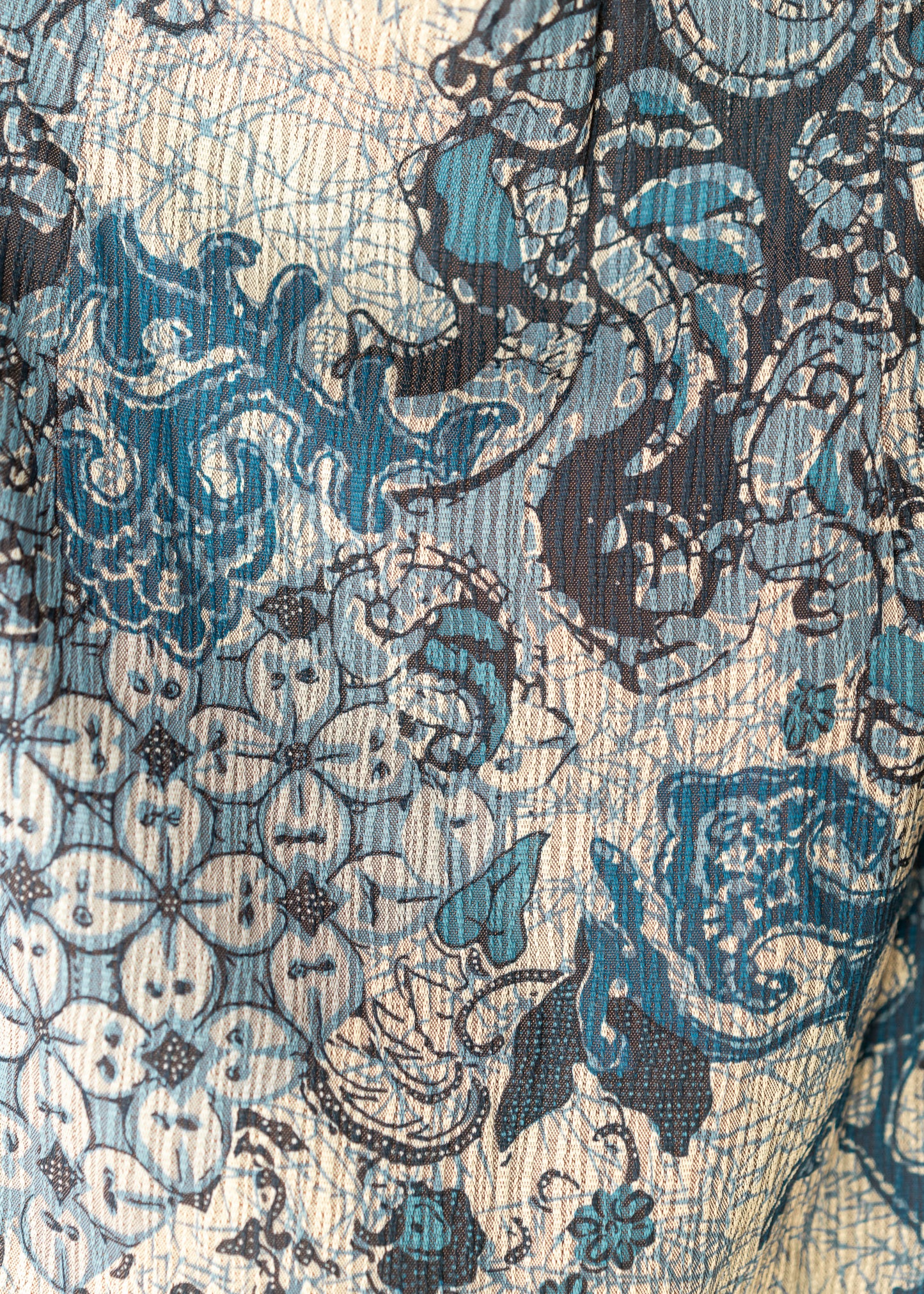 close up detail of a blue pattern skirt