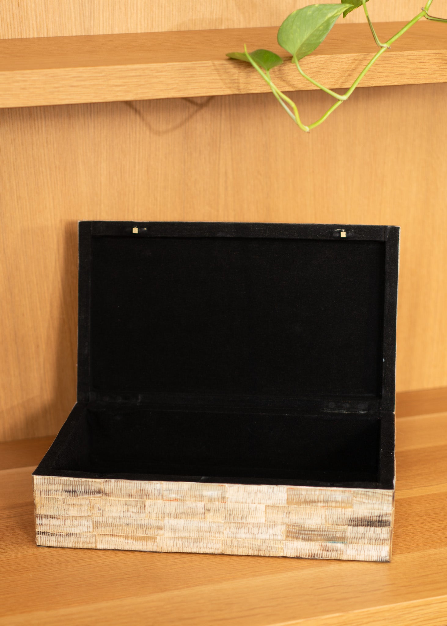 vintage black velvet lined shell covered jewelry box with a natural wood base on a wooden surface