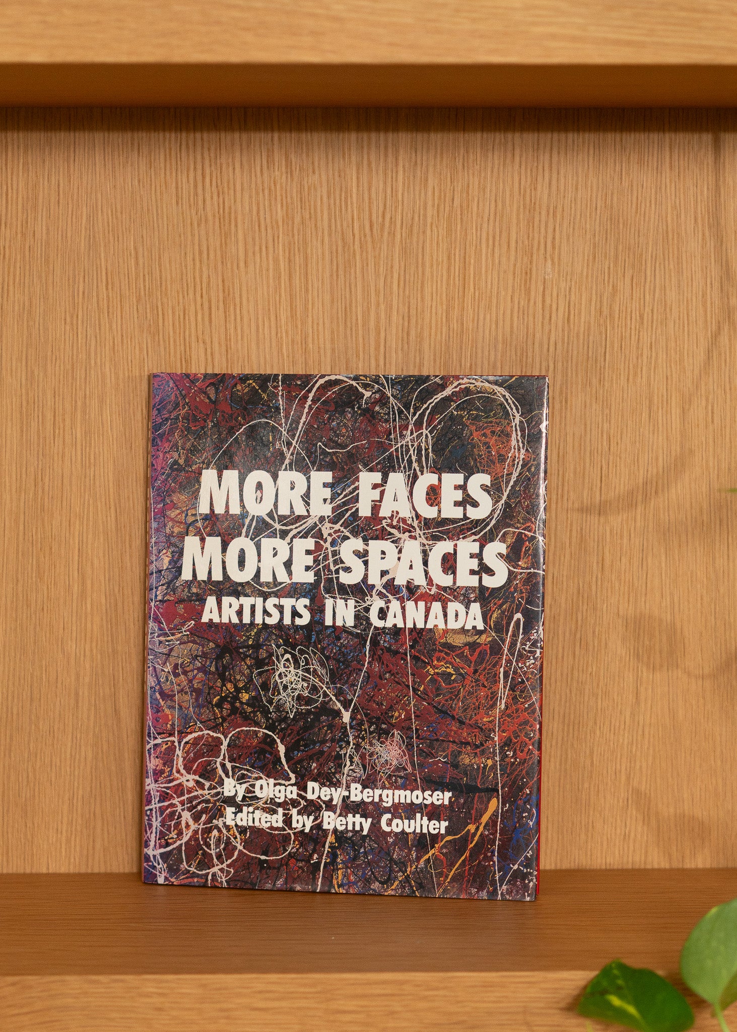 Vintage book titled 'More Faces More Spaces: Artists in Canada' on a wooden shelf.