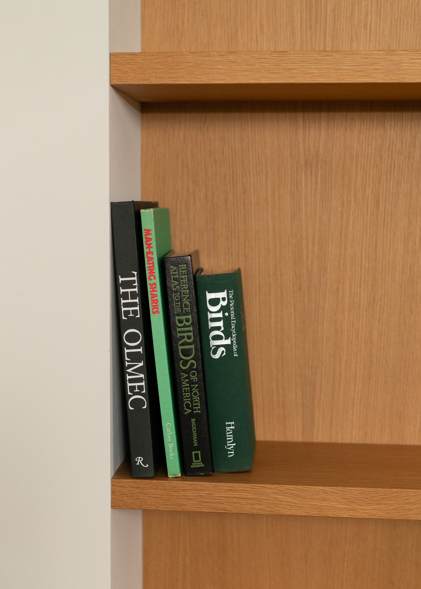 Four vintage books on a wooden shelf against a beige wall