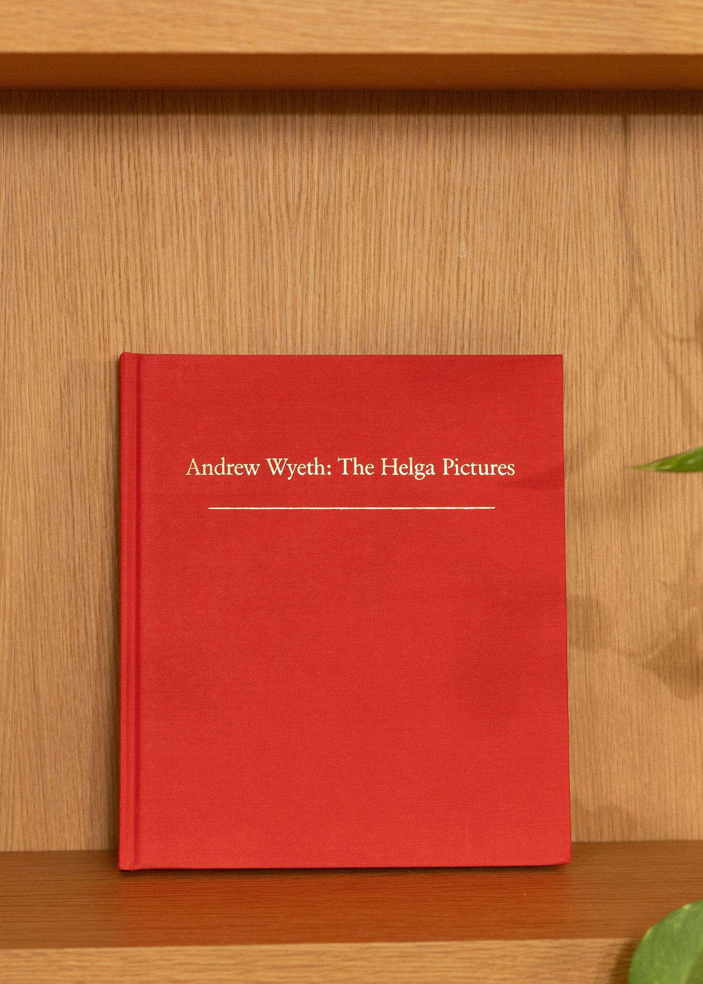 Vintage red book titled 'Andrew Wyeth: The Helga Pictures' on a wooden shelf.