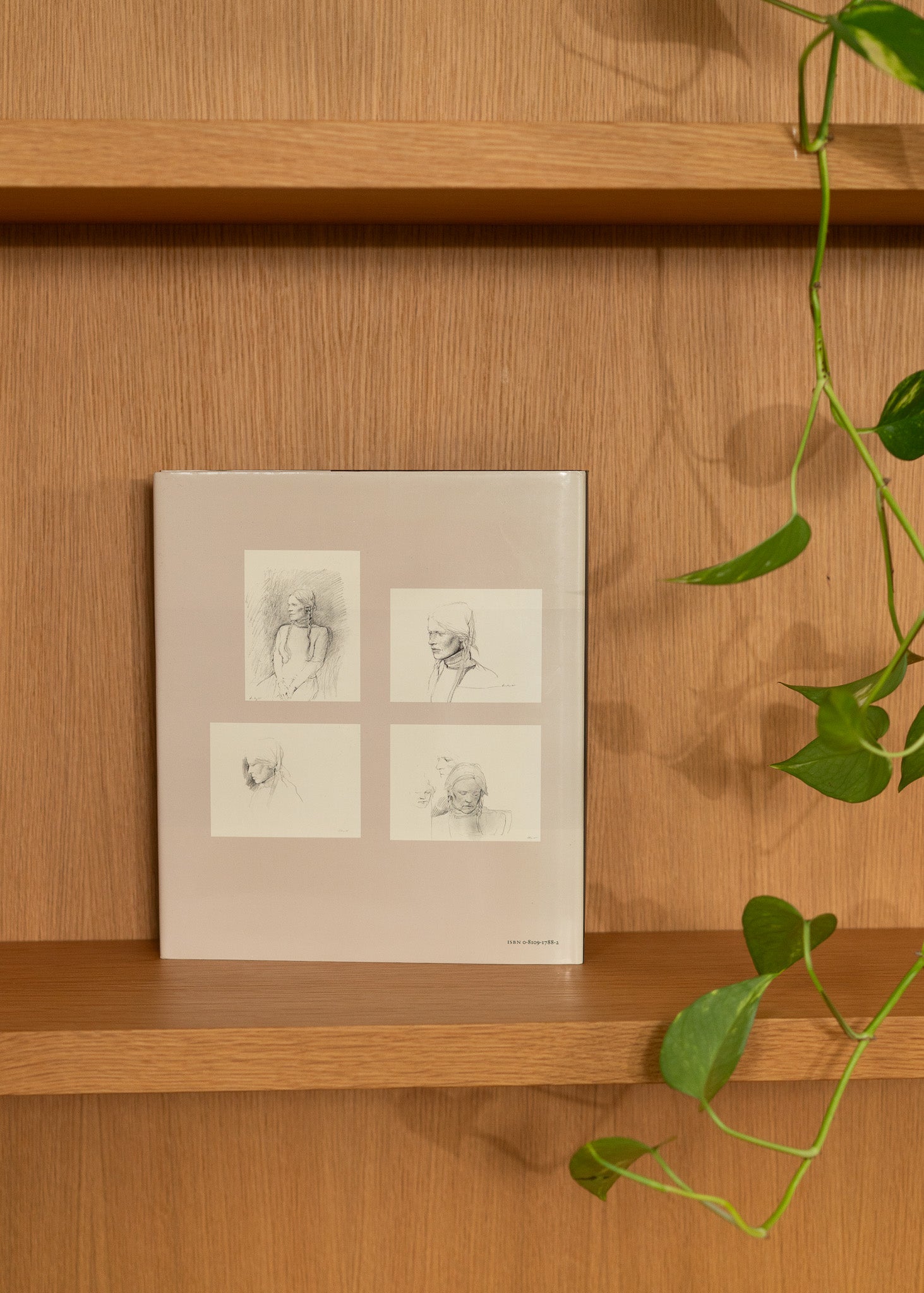 Book with black and white illustrations on a wooden shelf with green leaves.