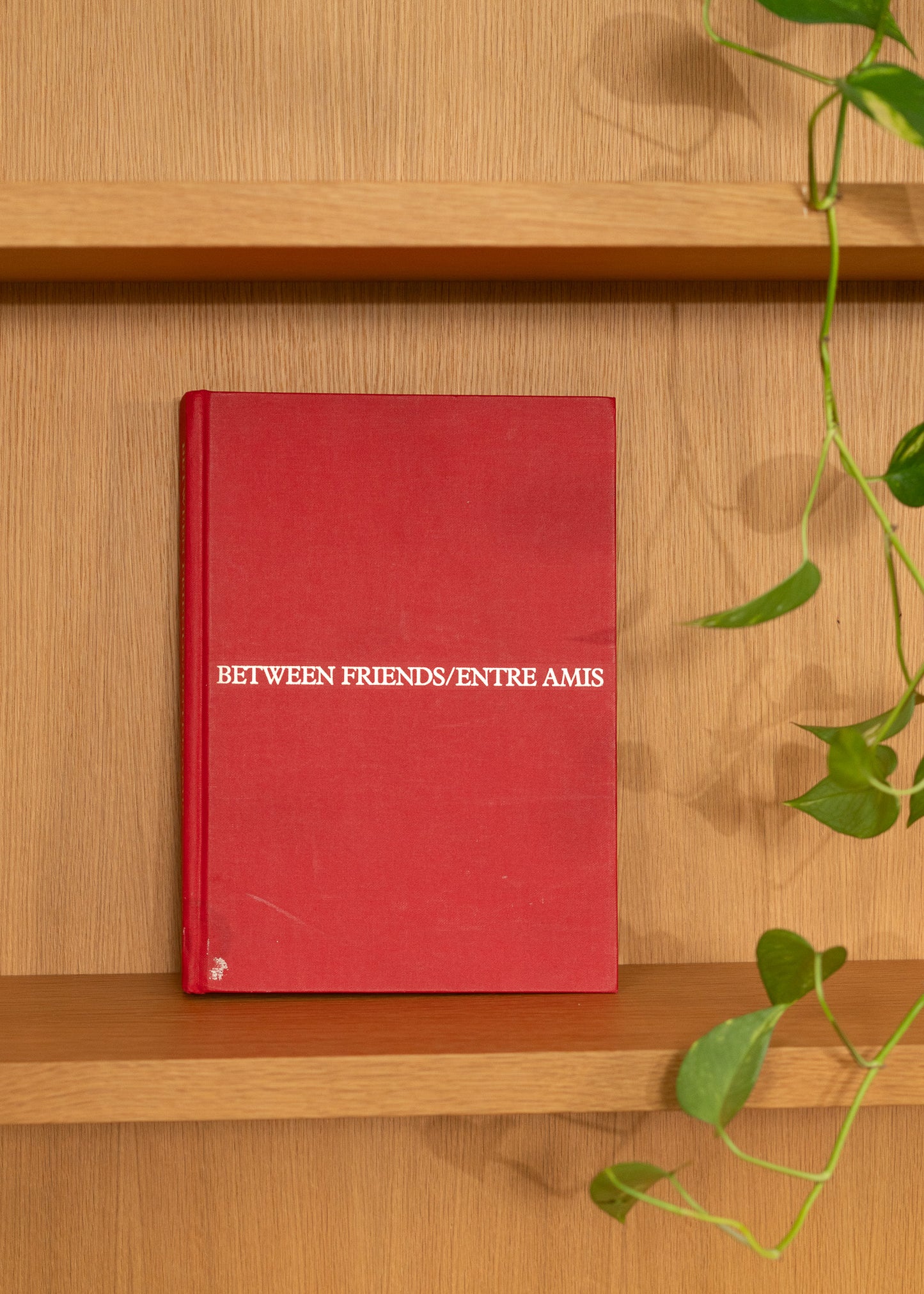Red vintage book titled 'Between Friends/Entre Amis' on a wooden shelf with a plant in the background
