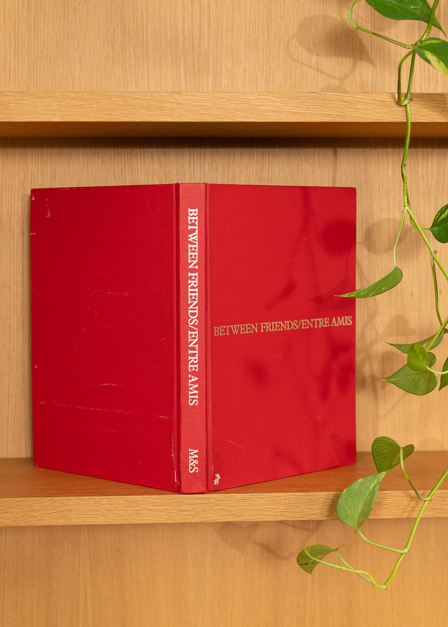 Vintage red book titled 'Between Friends/Entre Amis' on a wooden shelf with a plant.