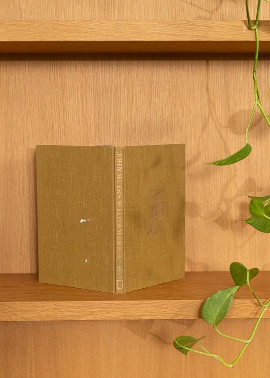 vintage brown book on a wooden shelf with a plant in the background