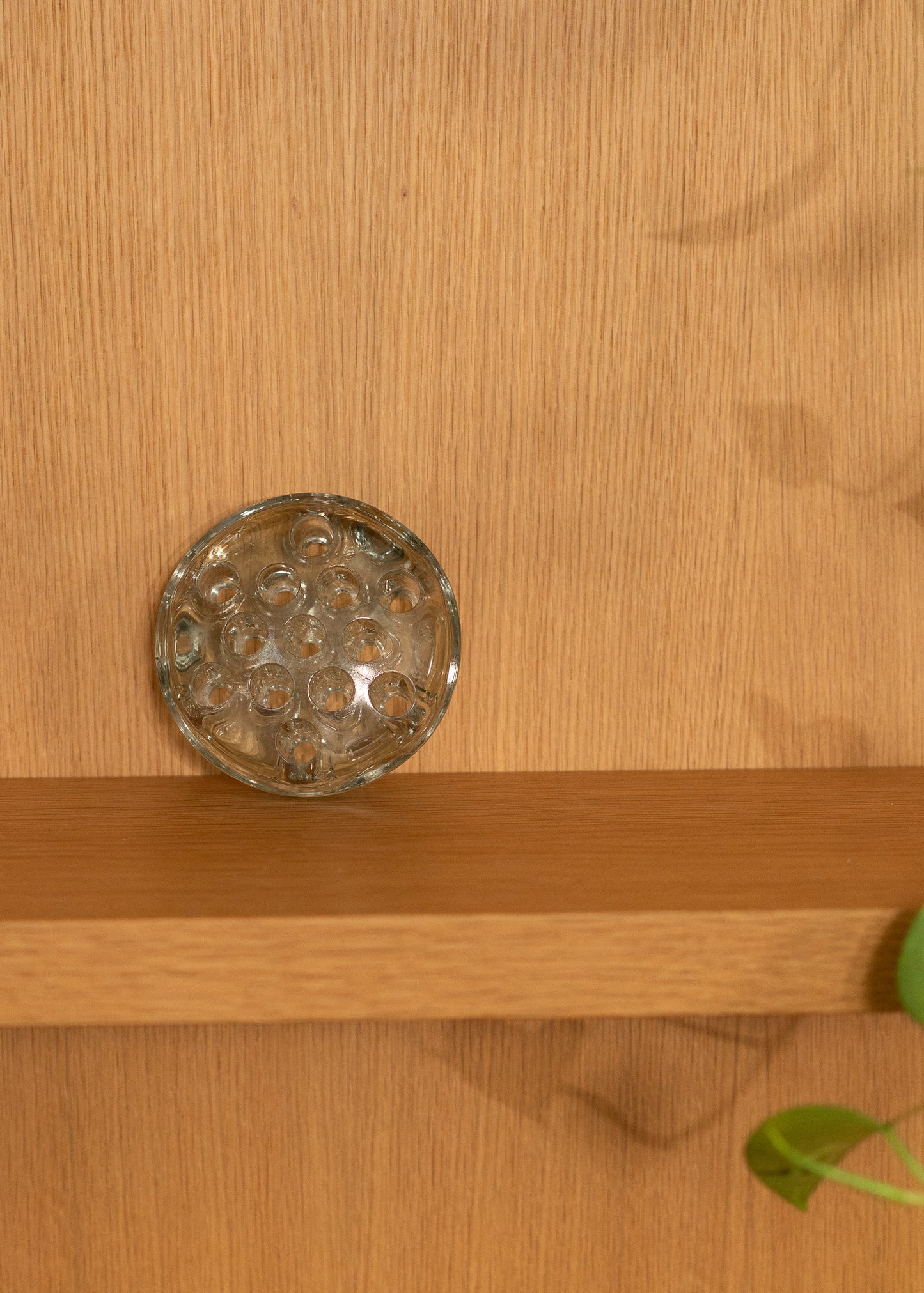 Hand holding a vintage round, clear glass flower frog against a blurred background