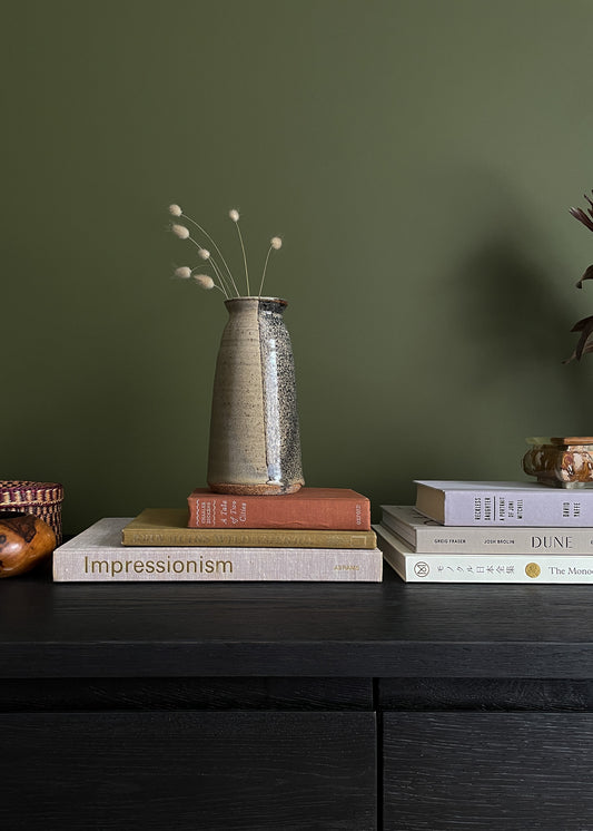 vintage brown speckled ceramic vase on books with a green wall background
